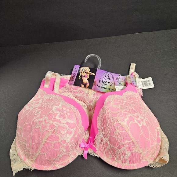 Hers by Herman 38D Pink/cream lacy Bra with with XL Pink/cream lacy panties - Picture 1 of 6